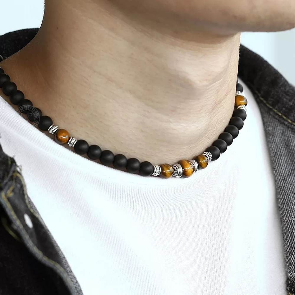 Natural tiger eye and black Stone beaded necklace…